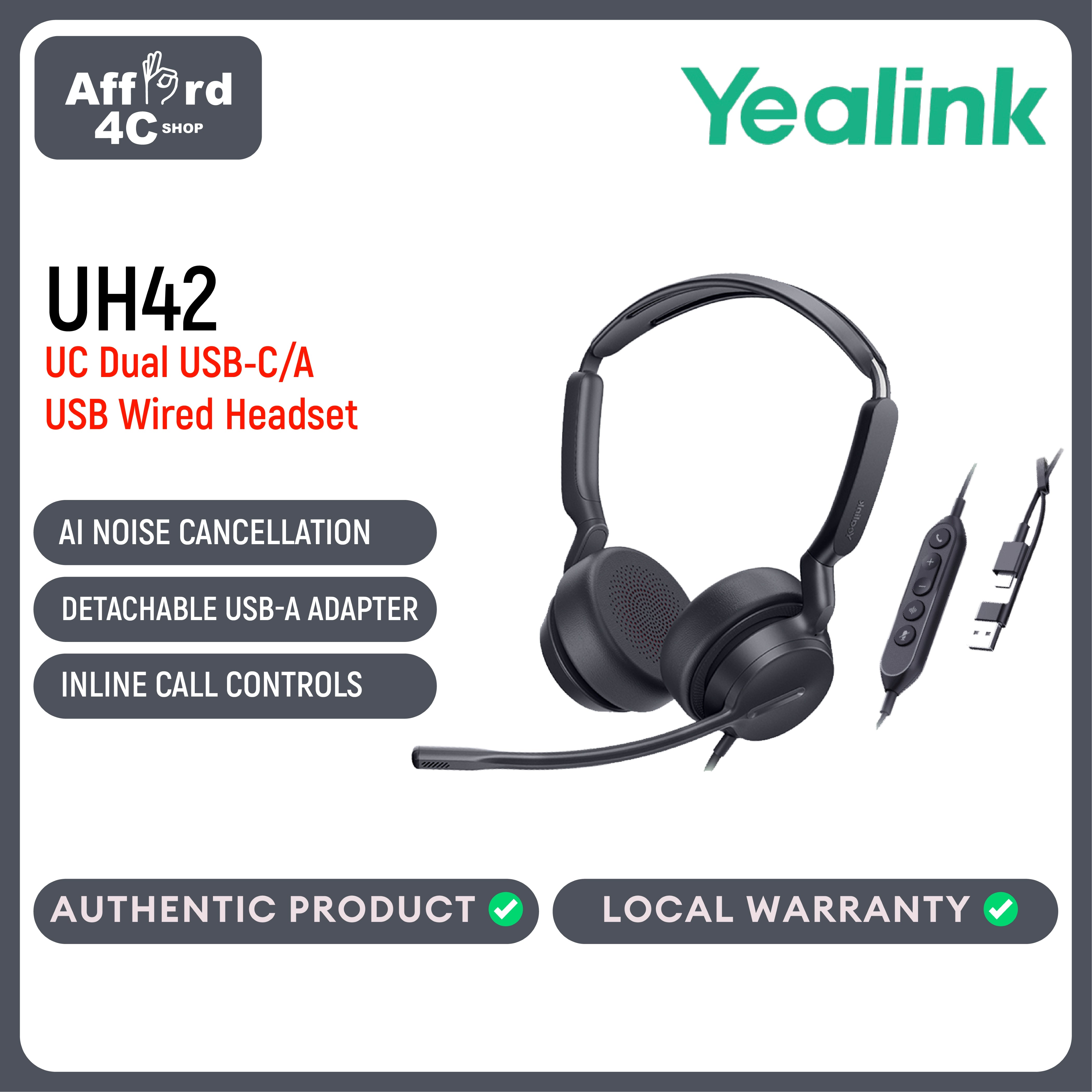 Yealink UH42 Dual MS Teams UC USB-C/A Stereo Wired Headset AI Noise Cancelling, Call Control, HD Audio
