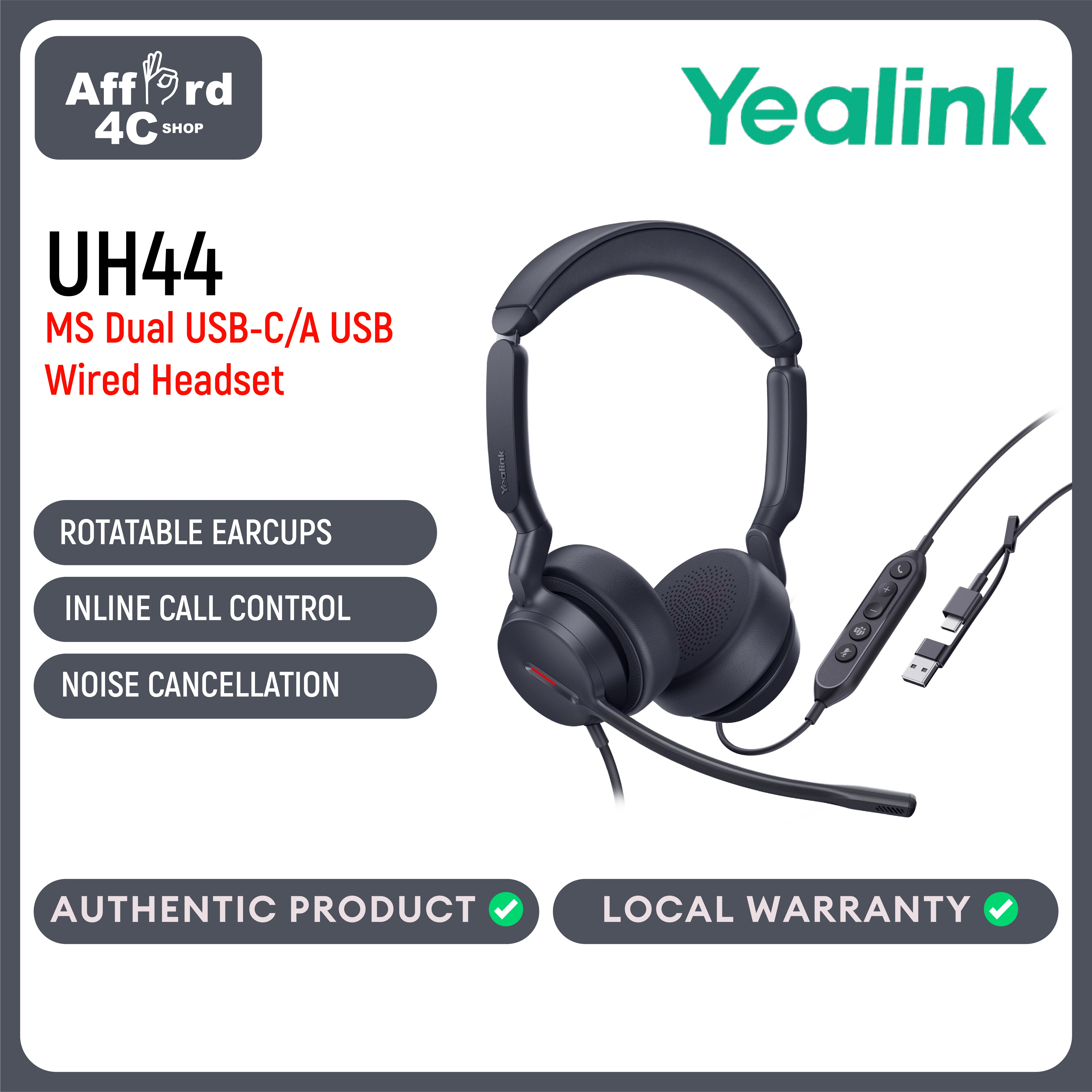 Yealink UH44 Dual MS UC USB-C/A USB Stereo Wired Headset Dual Noise Cancelling, HD Audio Sound, Lightweight