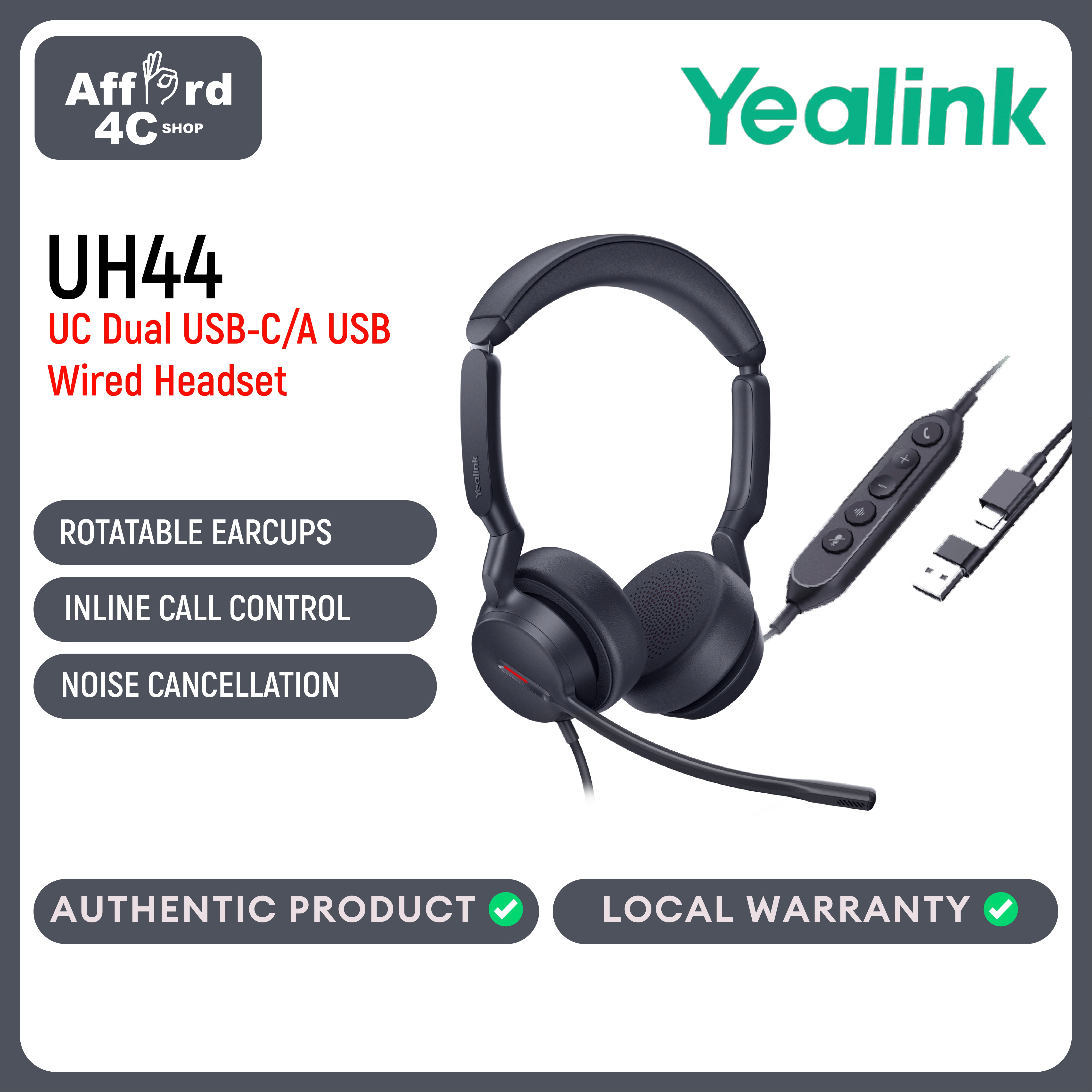 Yealink UH44 Dual MS UC USB-C/A USB Stereo Wired Headset Dual Noise Cancelling, HD Audio Sound, Lightweight