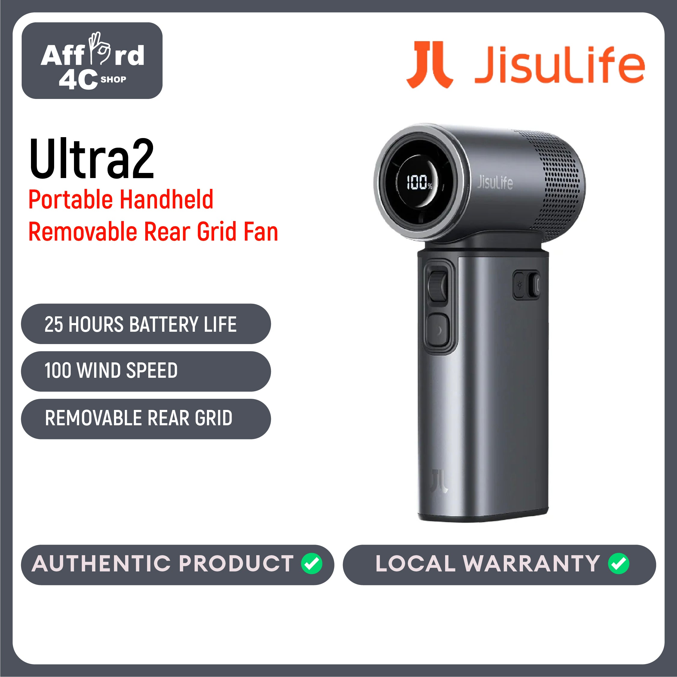 Jisulife Handheld Fan Ultra2 25-hour Long-lasting Strong Wind 9000mAh Rechargeable 5 in 1 Mini Fans 100 Speeds Flashlight Power bank Air Pump Outdoor Camping 18W Fast Charging