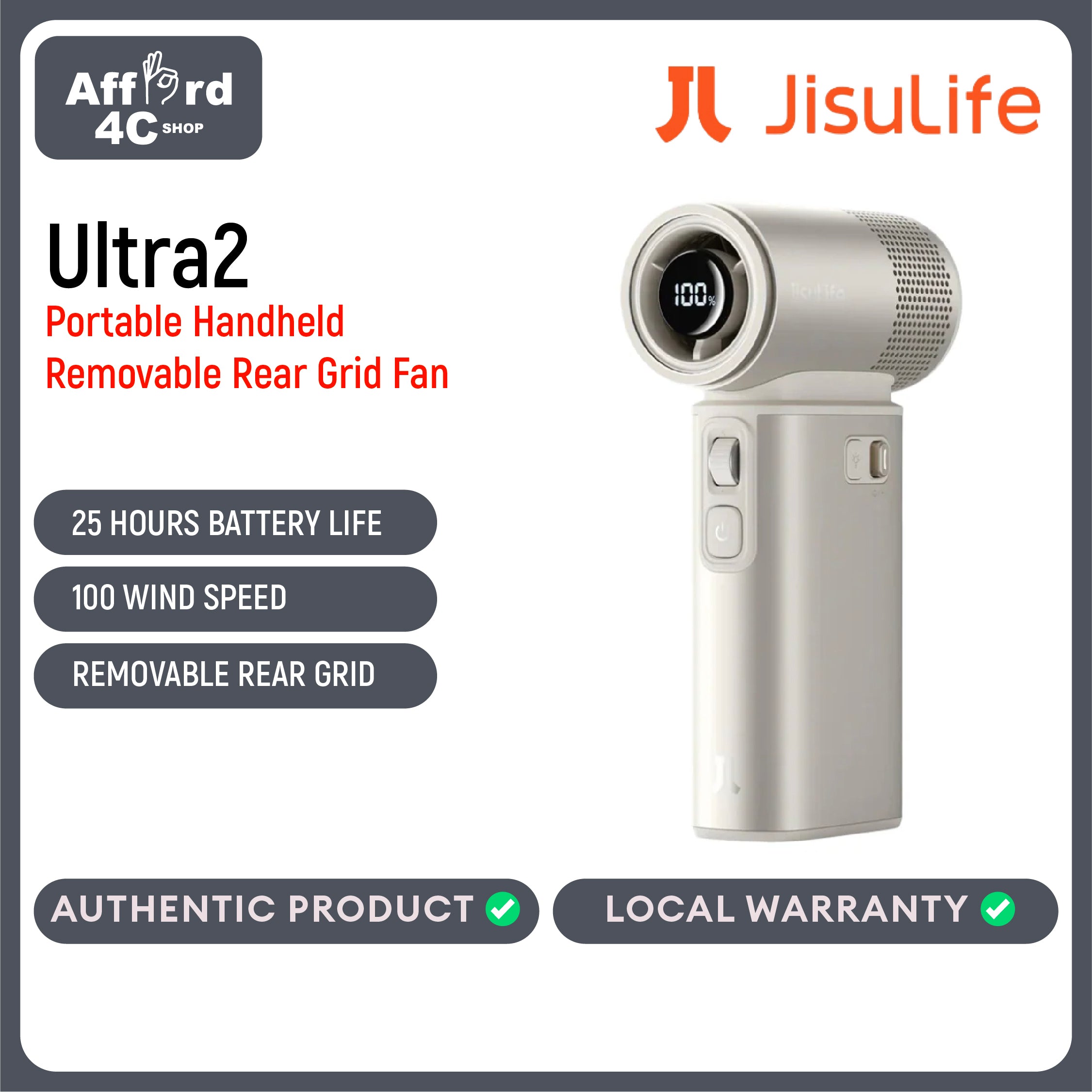 Jisulife Handheld Fan Ultra2 25-hour Long-lasting Strong Wind 9000mAh Rechargeable 5 in 1 Mini Fans 100 Speeds Flashlight Power bank Air Pump Outdoor Camping 18W Fast Charging
