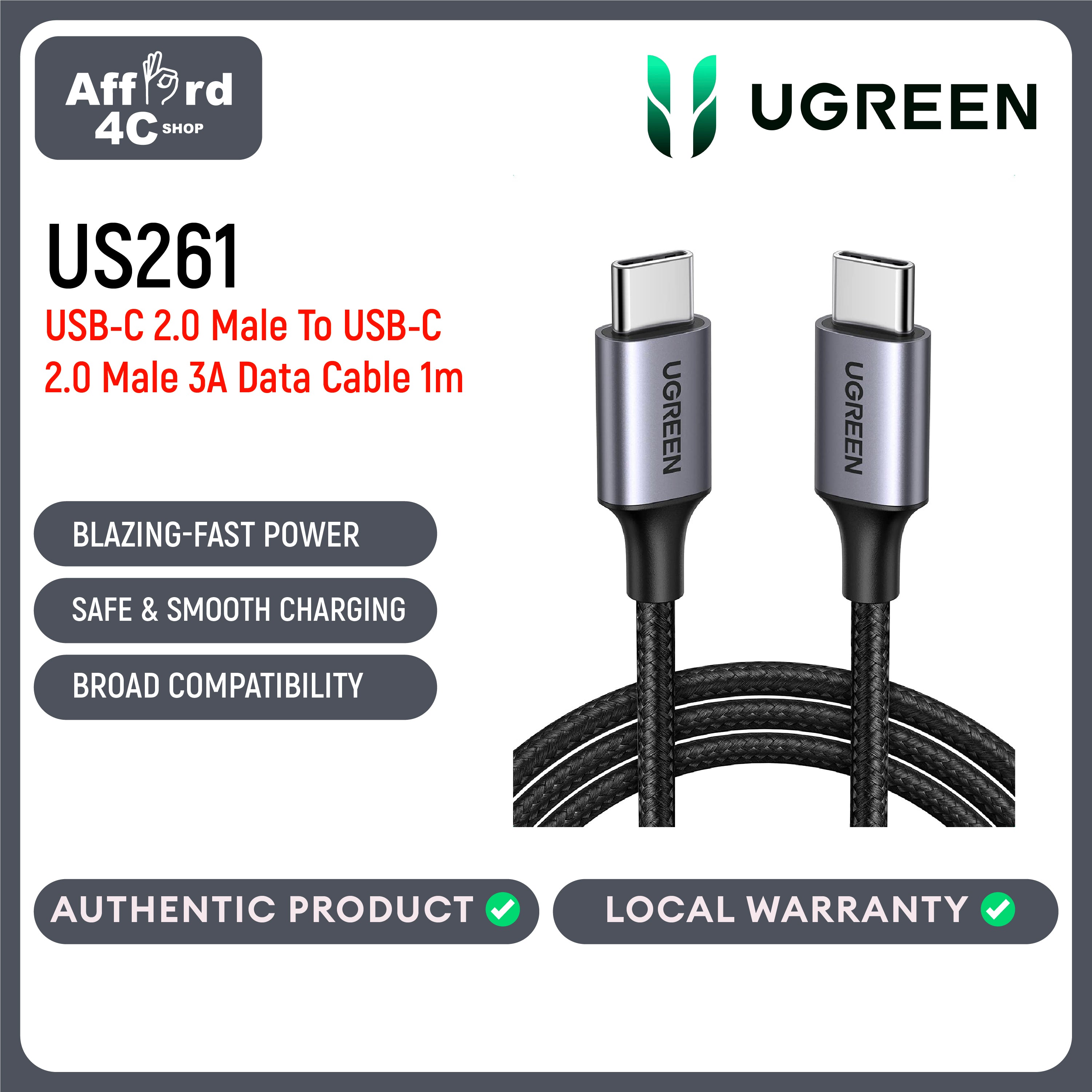 Ugreen USB-C 2.0 Male To USB-C 2.0 Male 3A Data Cable 1M