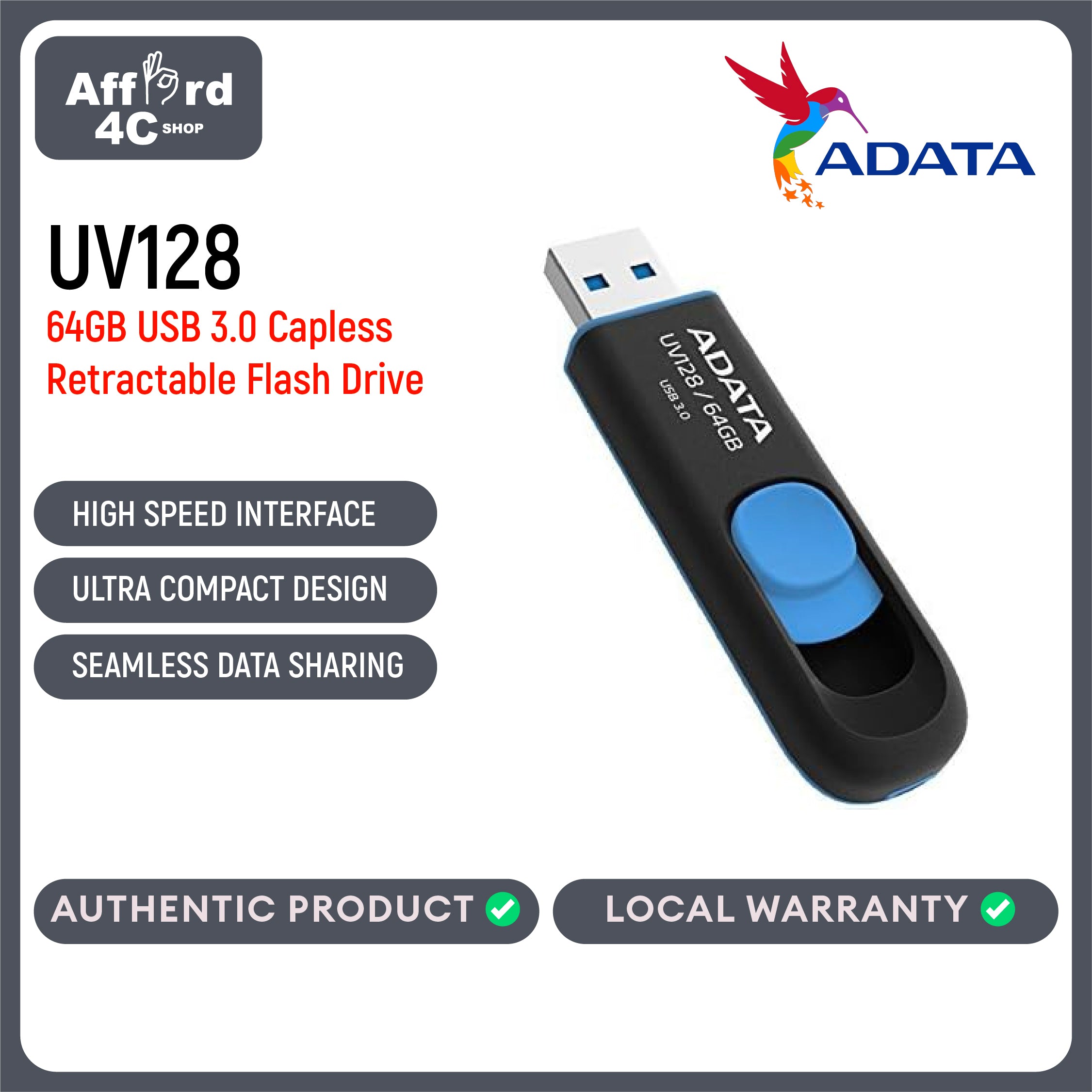 ADATA UV128 64GB USB 3.0 Retractable Capless Flash Drive, Blue (AUV128-64G-RBE)