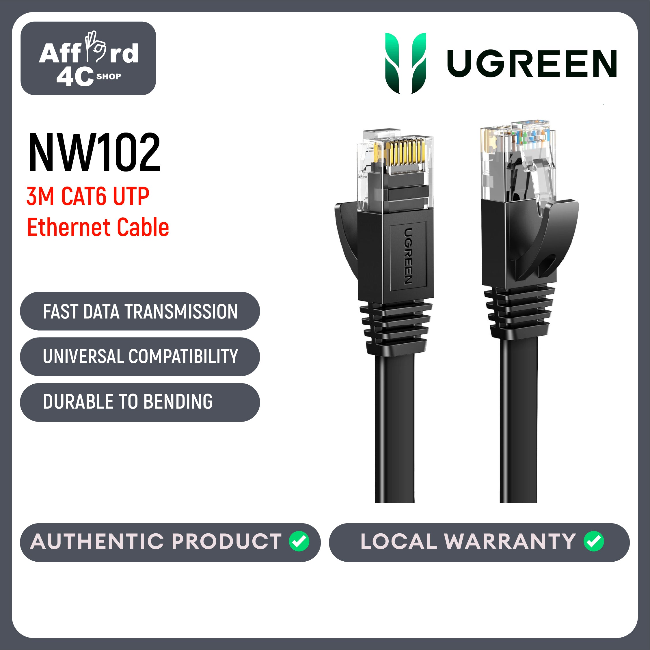 UGREEN NW102/20161 CAT6 UTP LAN CABLE 3M BLACK