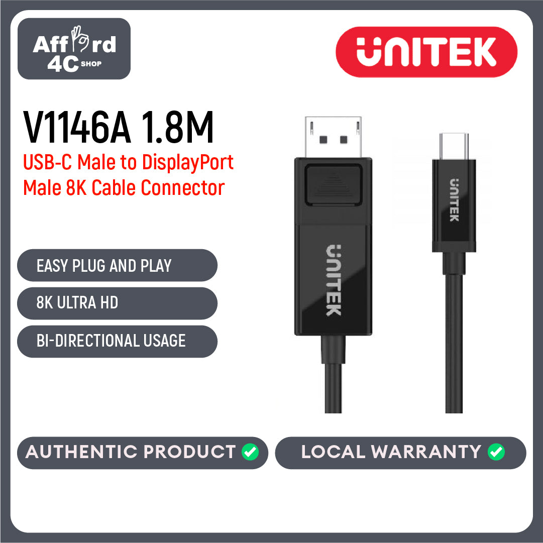 Unitek V1146A 1.8M USB-C Male to DisplayPort Male 8K Cable Connector