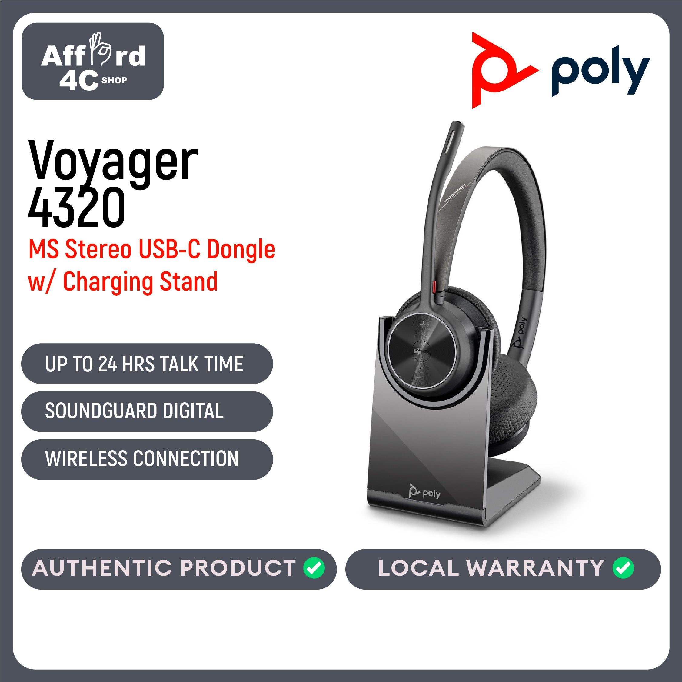 Poly Voyager 4320-M Microsoft Teams Certified Headset with charge stand