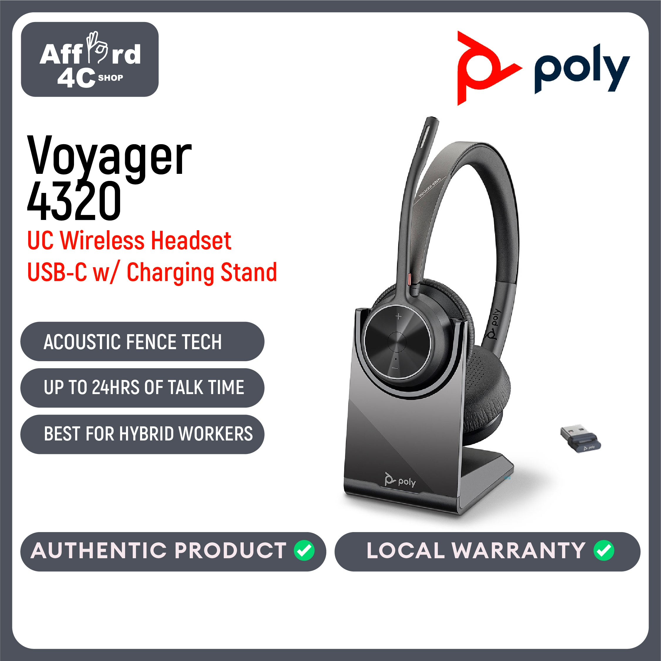 Poly Voyager 4320 USB-C Headset +BT700 Dongle + Charge Stand