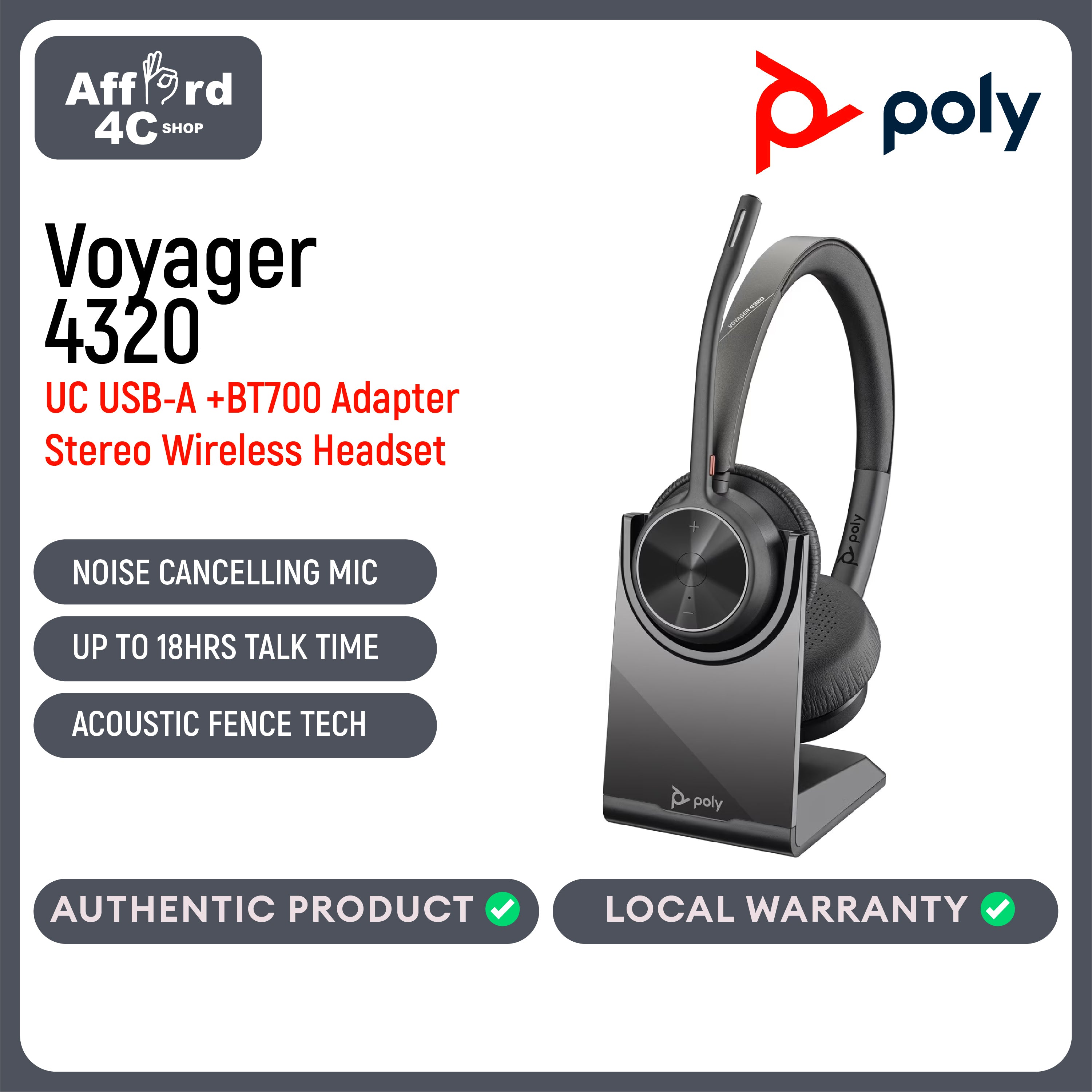 Poly Voyager 4320 Stereo USB-A Headset + BT700 USB-A Adapter +Charging Stand