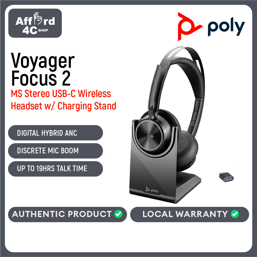 Poly Voyager Focus 2 USB-C-C Headset +USB-C/A Adapter +Charging Stand