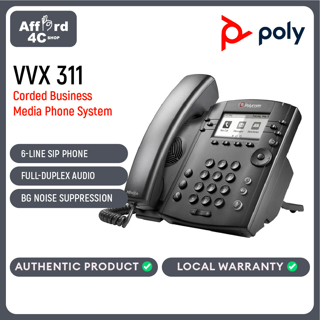 Polycom VVX 311 Corded Business Media Phone System - 6 Line PoE - 2200-48350-025 - AC Adapter (Not Included)