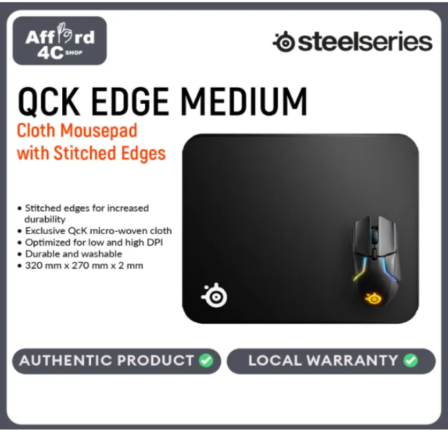 SteelSeries QcK Edge Medium Cloth Gaming Mouse Pad Never-fray Stitched Edges - (320mm x 270mm x 2mm)