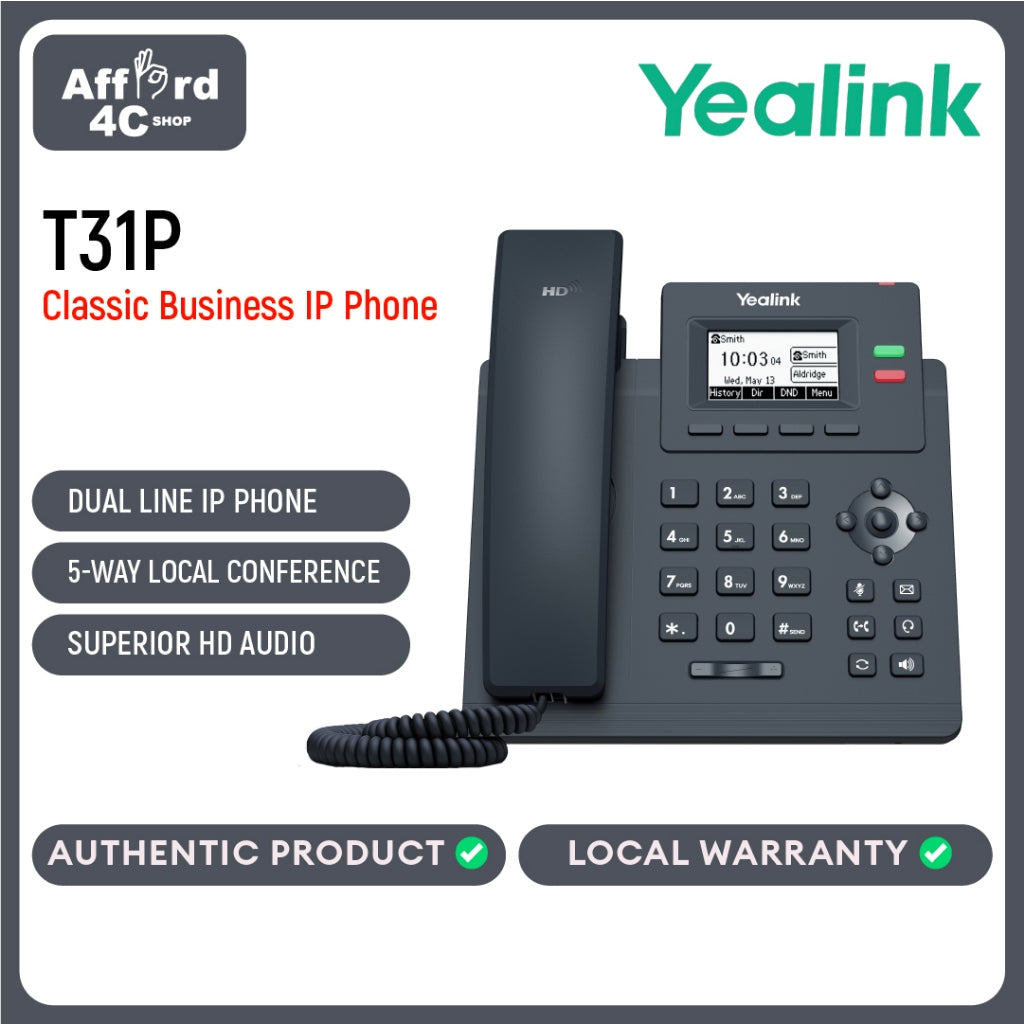 Yealink T31P IP Phone, 2 VoIP Accounts. 2.3-Inch Graphical Display. Dual-Port 10/100 Ethernet, 802.3af PoE