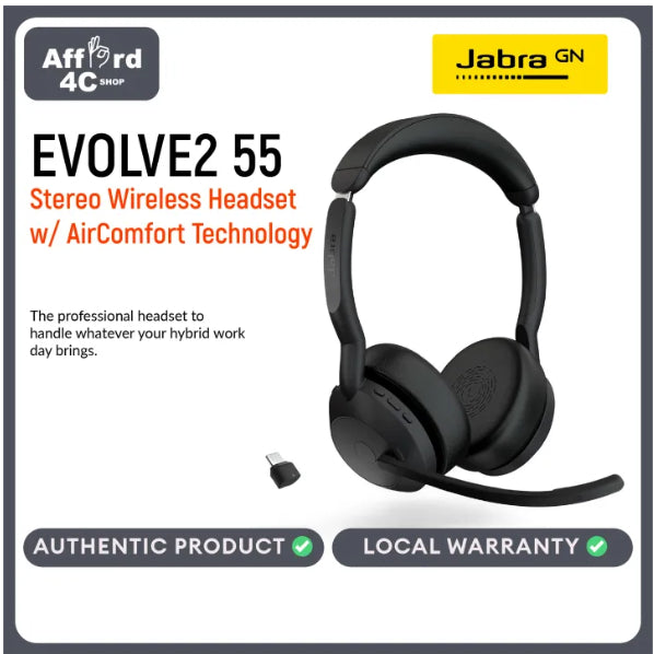 Jabra Evolve2 55 Stereo Wireless Headset with AirComfort Technology, Noise-Cancelling Mics & Active