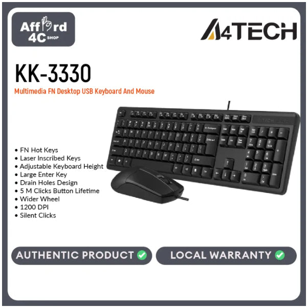 A4Tech KK-3330 Multimedia FN Desktop USB Keyboard And Mouse Combo