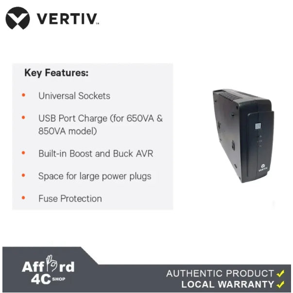 Vertiv™ Liebert® PSA itON SOHO 650VA/390W, 290V AVR Line interactive UPS with USB Port Mobile Charger, Built-in Boost and Buck AVR, Space for Large Power Plugs, and Fuse Protection